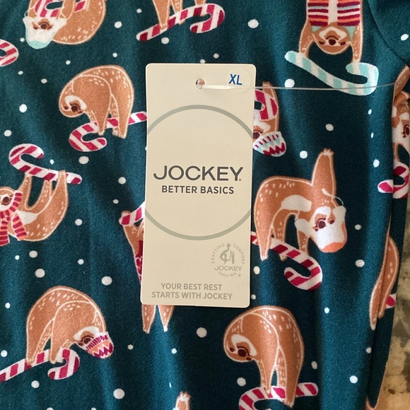 JOCKEY (XL) Sleep or Loungewear Top Dark Green+Tan Sloths w/Peppermint Canes NWT - Picture 6 of 13